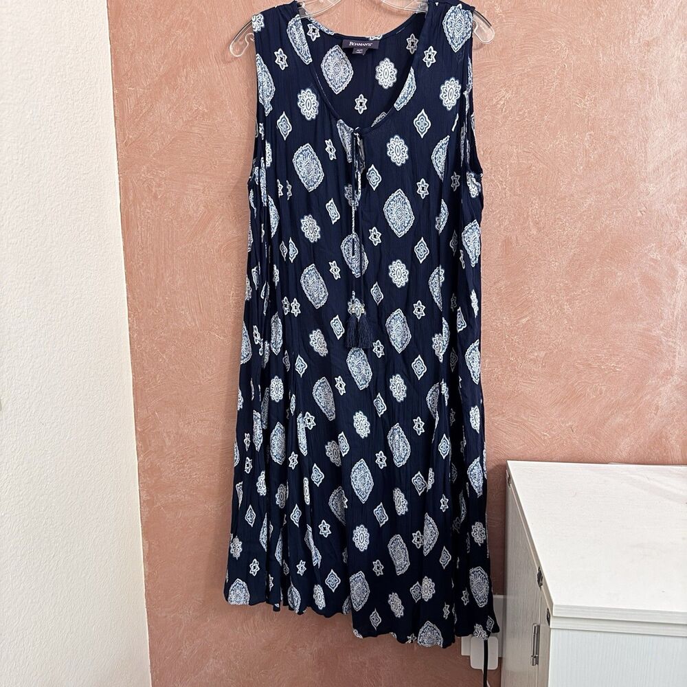 Roaman’s Women’s Navy Blue White Tunic Boho Dress Size L 18/20